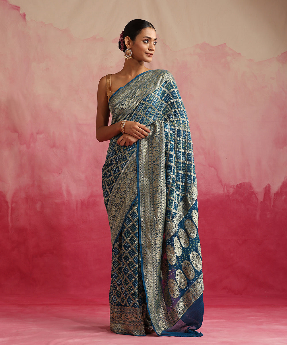 Handloom_Teal_Blue_Pure_Georgette_Banarasi_Bandhej_Saree_WeaverStory_02
