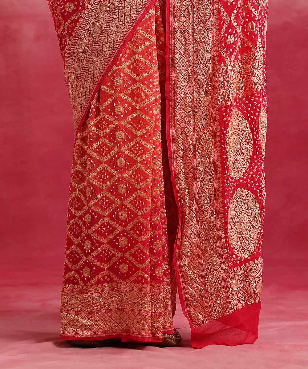 Handloom_Pink_And_Orange_Ombre_Dyed_Pure_Georgette_Banarasi_Bandhej_Saree_WeaverStory_04