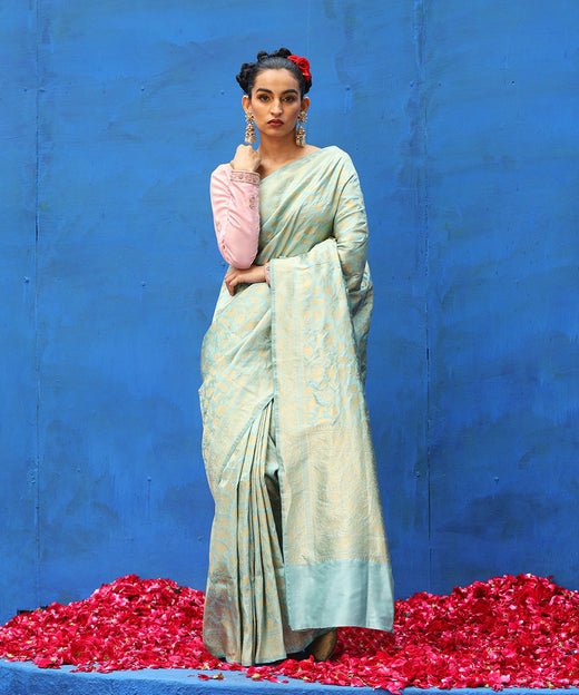 Aqua Blue Handloom Pure Katan Silk Shikargah Banarasi Saree With Small Motifs