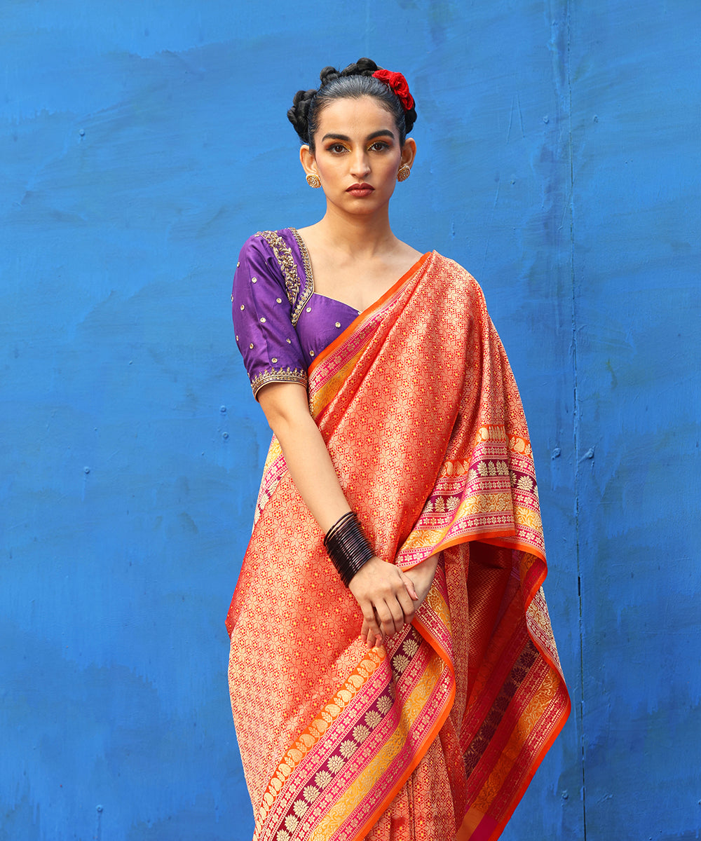 Handloom_Red_Pure_Katan_Silk_Zari_Wasket_Banarasi_Saree_With_Blue_Meenakari_WeaverStory_01