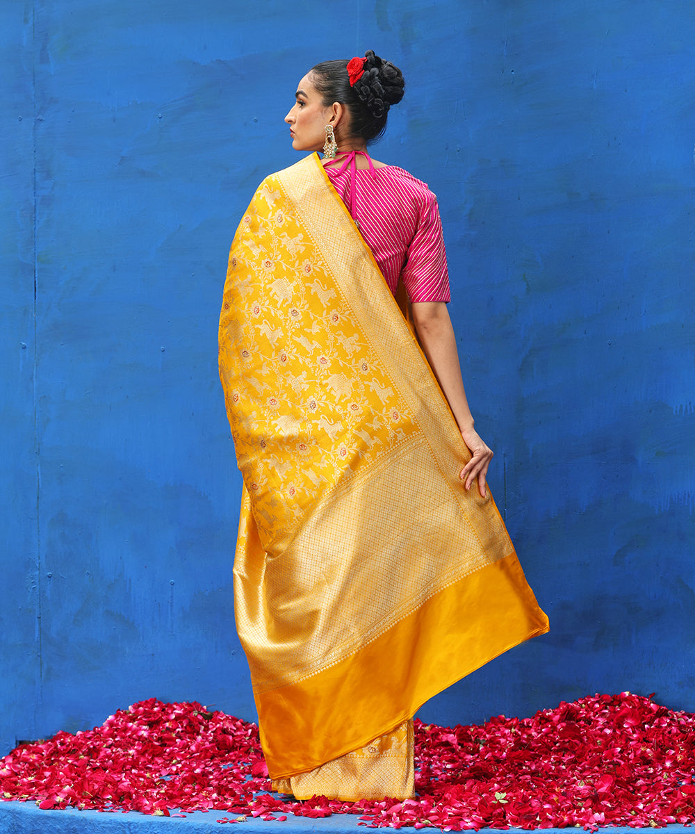 Handloom_Mustard_Pure_Katan_Silk_Zari_Weft_Shikargah_Banarasi_Saree_With_Meenakari_WeaverStory_03