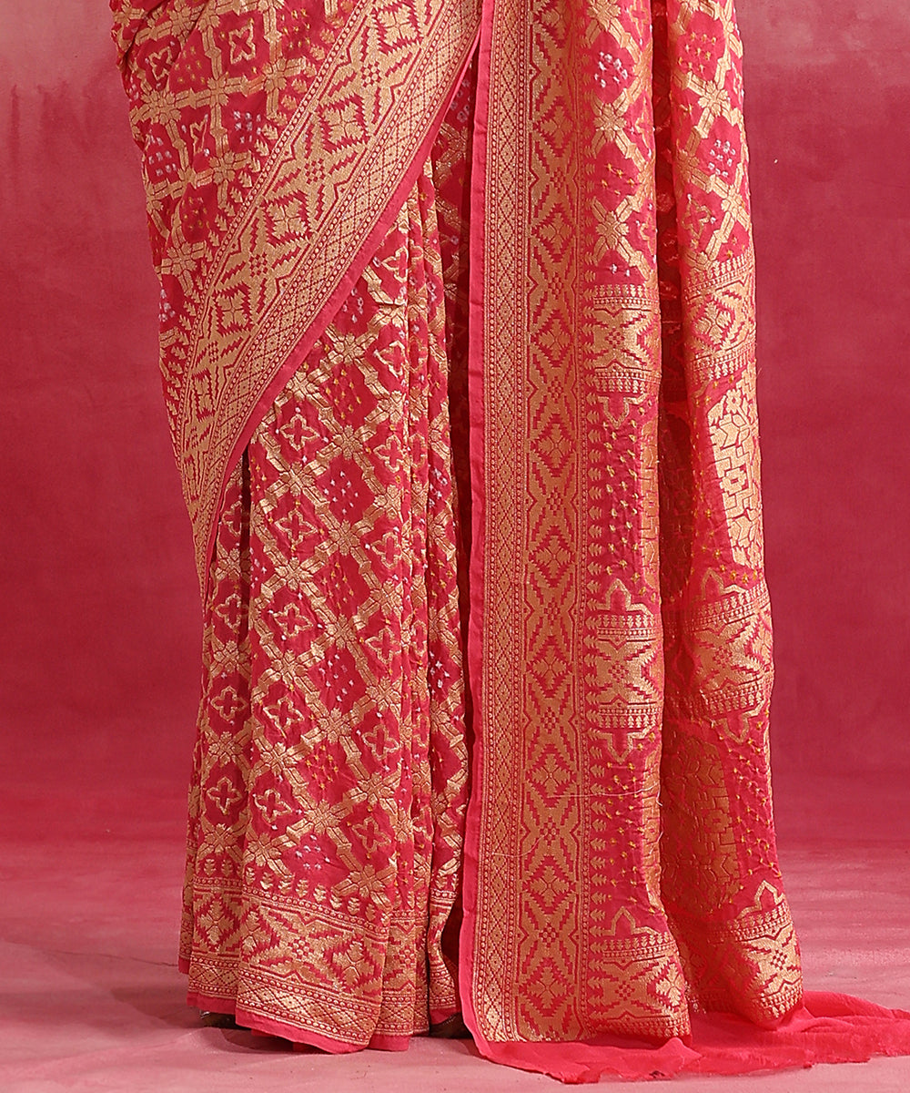 Handloom_Pink_Pure_Georgette_Banarasi_Bandhej_Saree_With_Zari_Jaal_WeaverStory_04