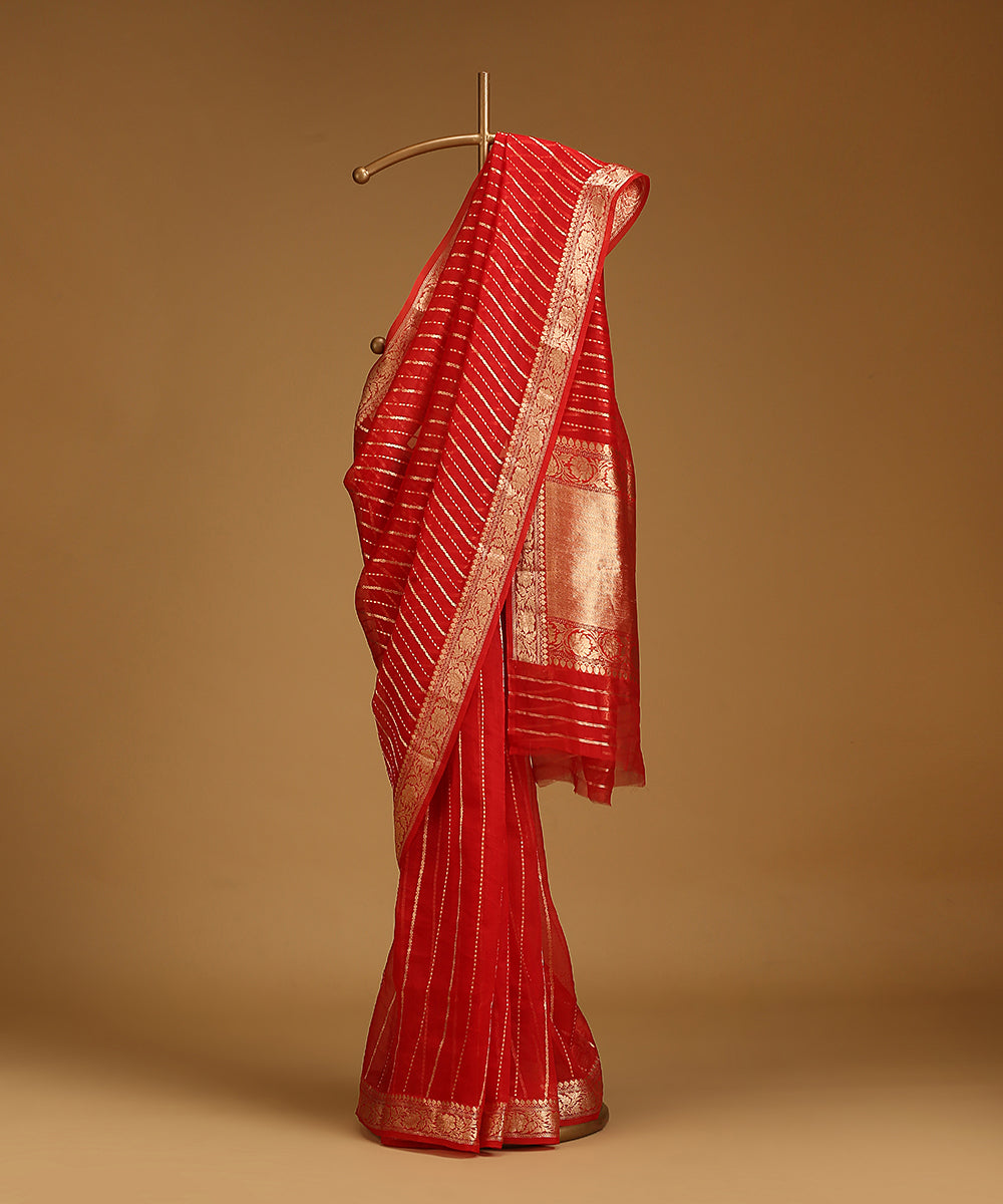 Handloom_Red_Pure_Organza_Silk_Banarasi_Saree_With_Gold_Zari_Border_And_Vertical_Stripes_WeaverStory_01