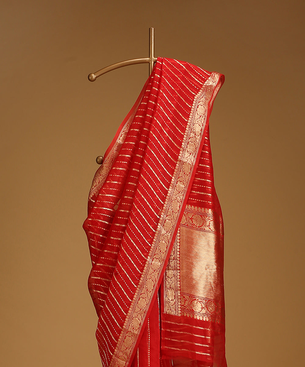 Handloom_Red_Pure_Organza_Silk_Banarasi_Saree_With_Gold_Zari_Border_And_Vertical_Stripes_WeaverStory_02