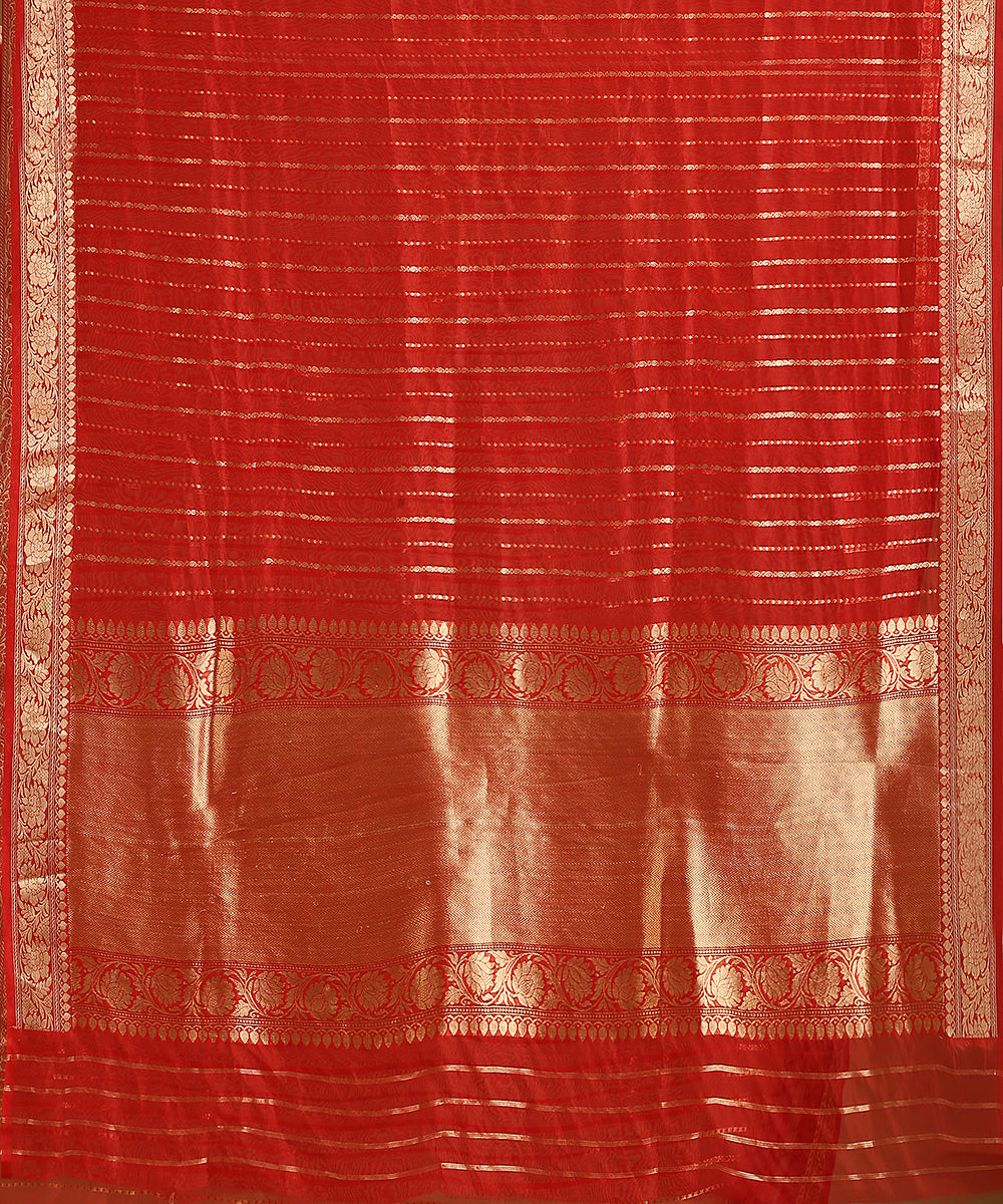 Handloom_Red_Pure_Organza_Silk_Banarasi_Saree_With_Gold_Zari_Border_And_Vertical_Stripes_WeaverStory_05