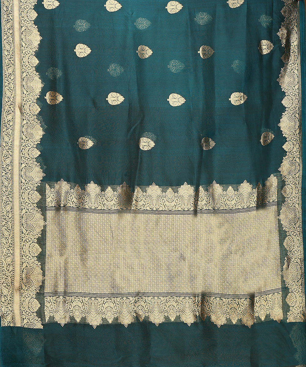 Handloom_Teal_Blue_Pure_Organza_Silk_Banarasi_Saree_With_Gold_Zari_Border_And_Kadhwa_Boota_WeaverStory_05