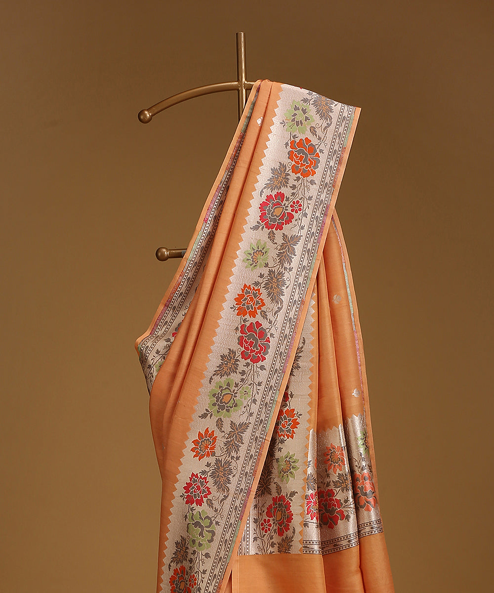 Rust_Handloom_Pure_Tusser_Georgette_Banarasi_Saree_With_Multicolour_Floral_Border_WeaverStory_02