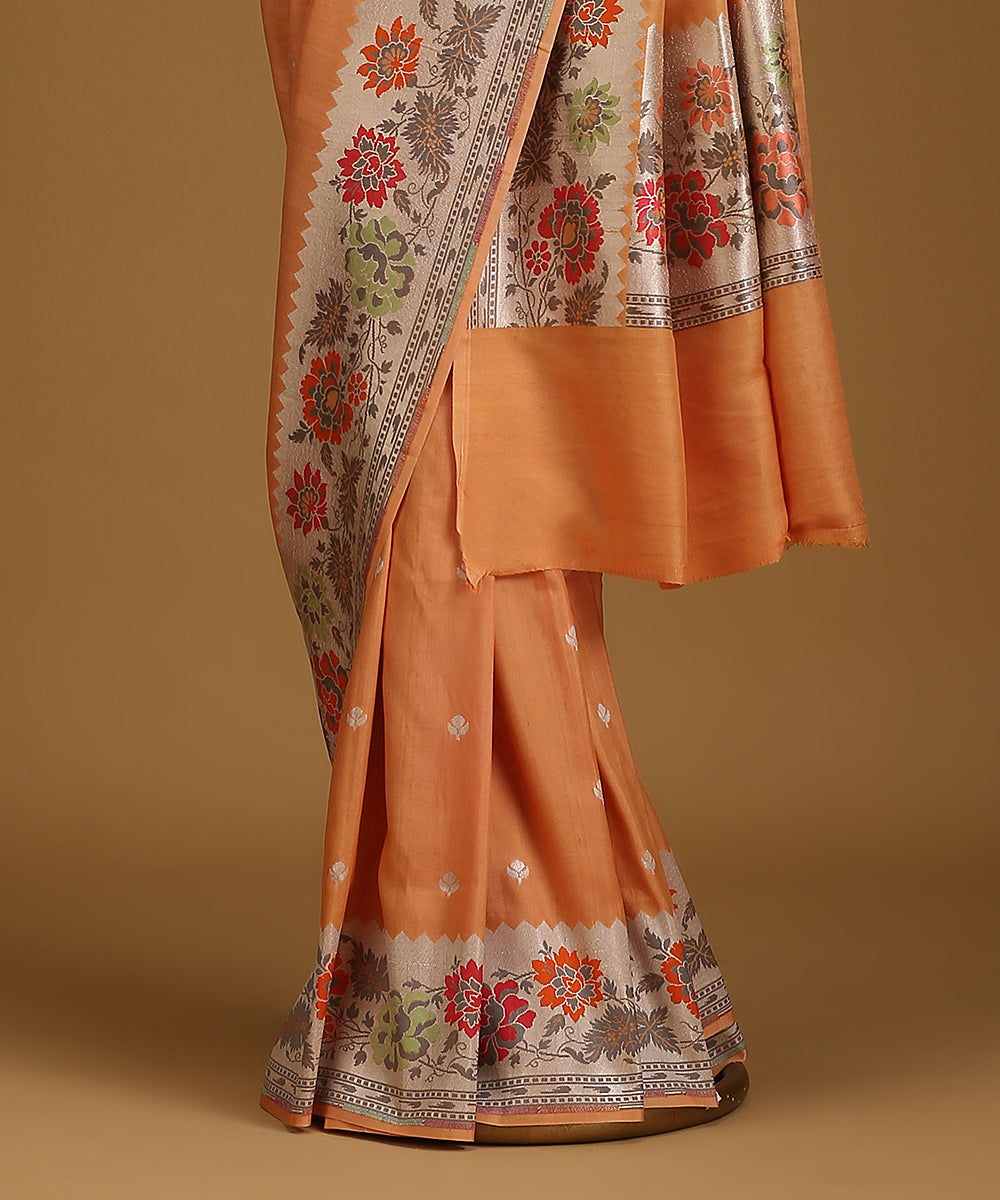 Rust_Handloom_Pure_Tusser_Georgette_Banarasi_Saree_With_Multicolour_Floral_Border_WeaverStory_03