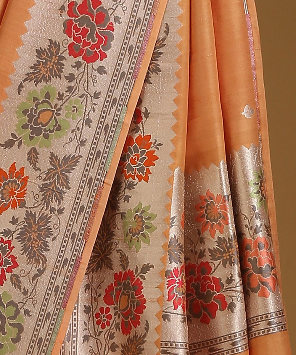 Rust_Handloom_Pure_Tusser_Georgette_Banarasi_Saree_With_Multicolour_Floral_Border_WeaverStory_04