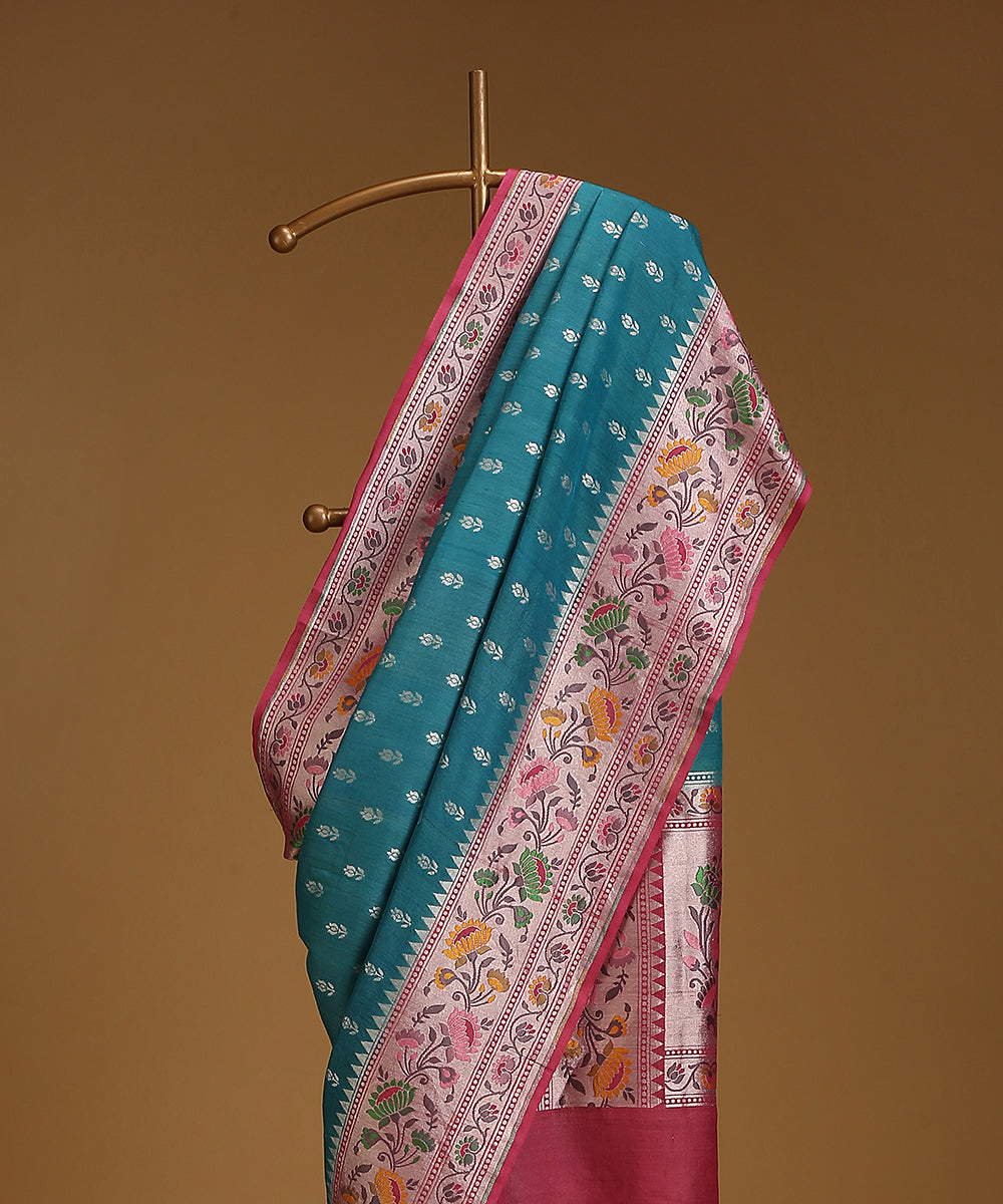 Handloom_Teal_And_Pink_Pure_Tusser_Georgette_Banarasi_Saree_With_Multicolour_Floral_Border_And_Bootis_WeaverStory_02