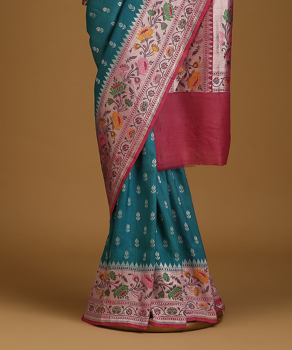 Handloom_Teal_And_Pink_Pure_Tusser_Georgette_Banarasi_Saree_With_Multicolour_Floral_Border_And_Bootis_WeaverStory_03