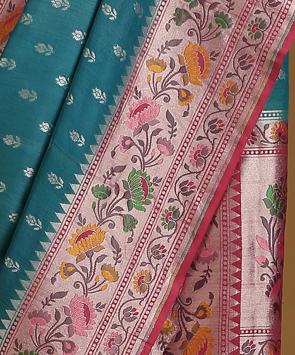 Handloom_Teal_And_Pink_Pure_Tusser_Georgette_Banarasi_Saree_With_Multicolour_Floral_Border_And_Bootis_WeaverStory_04