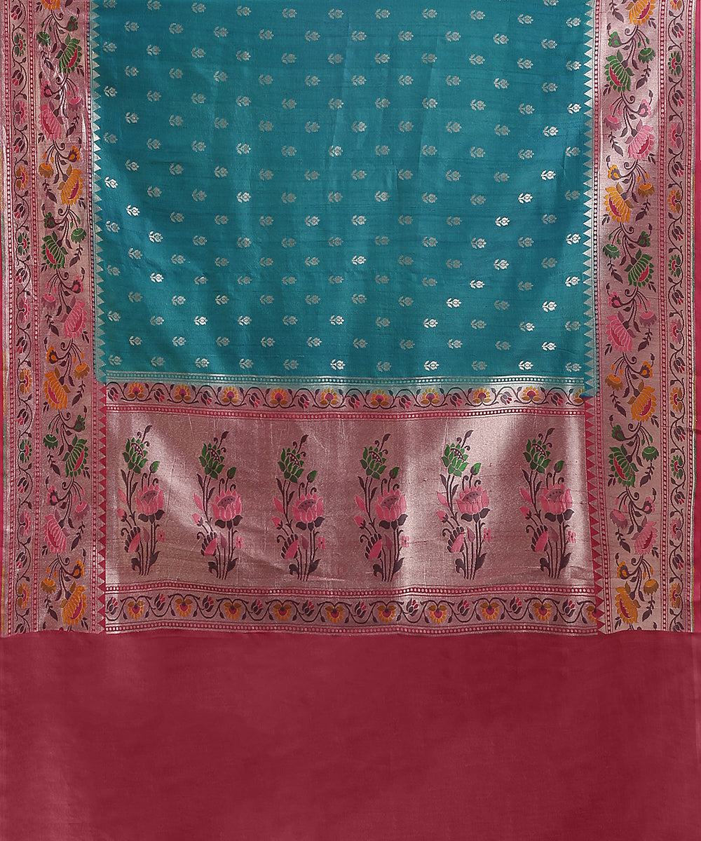 Handloom_Teal_And_Pink_Pure_Tusser_Georgette_Banarasi_Saree_With_Multicolour_Floral_Border_And_Bootis_WeaverStory_05