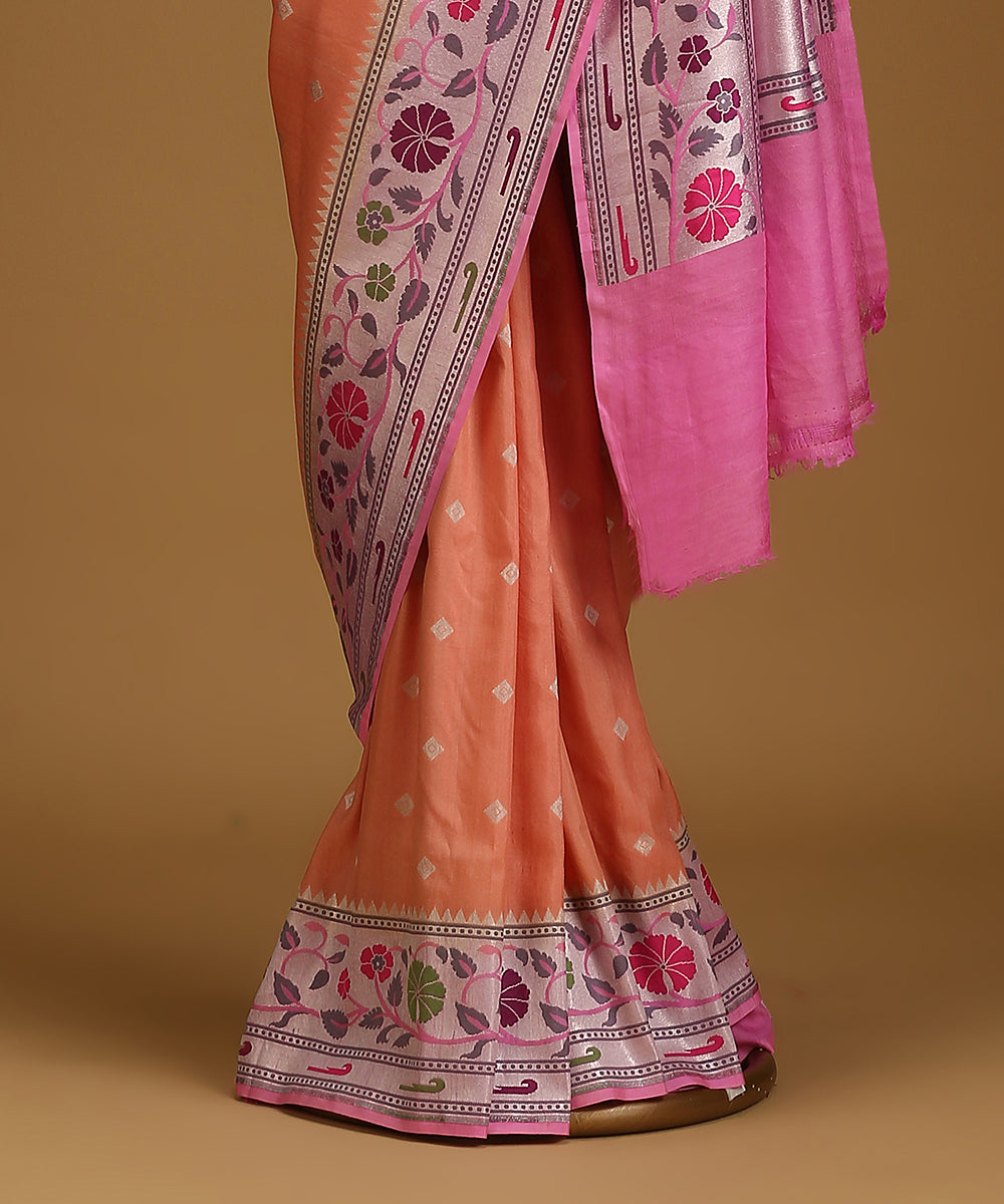 Handloom_Rust_And_Pink_Pure_Tusser_Georgette_Banarasi_Saree_With_Multicolour_Floral_Border_WeaverStory_03