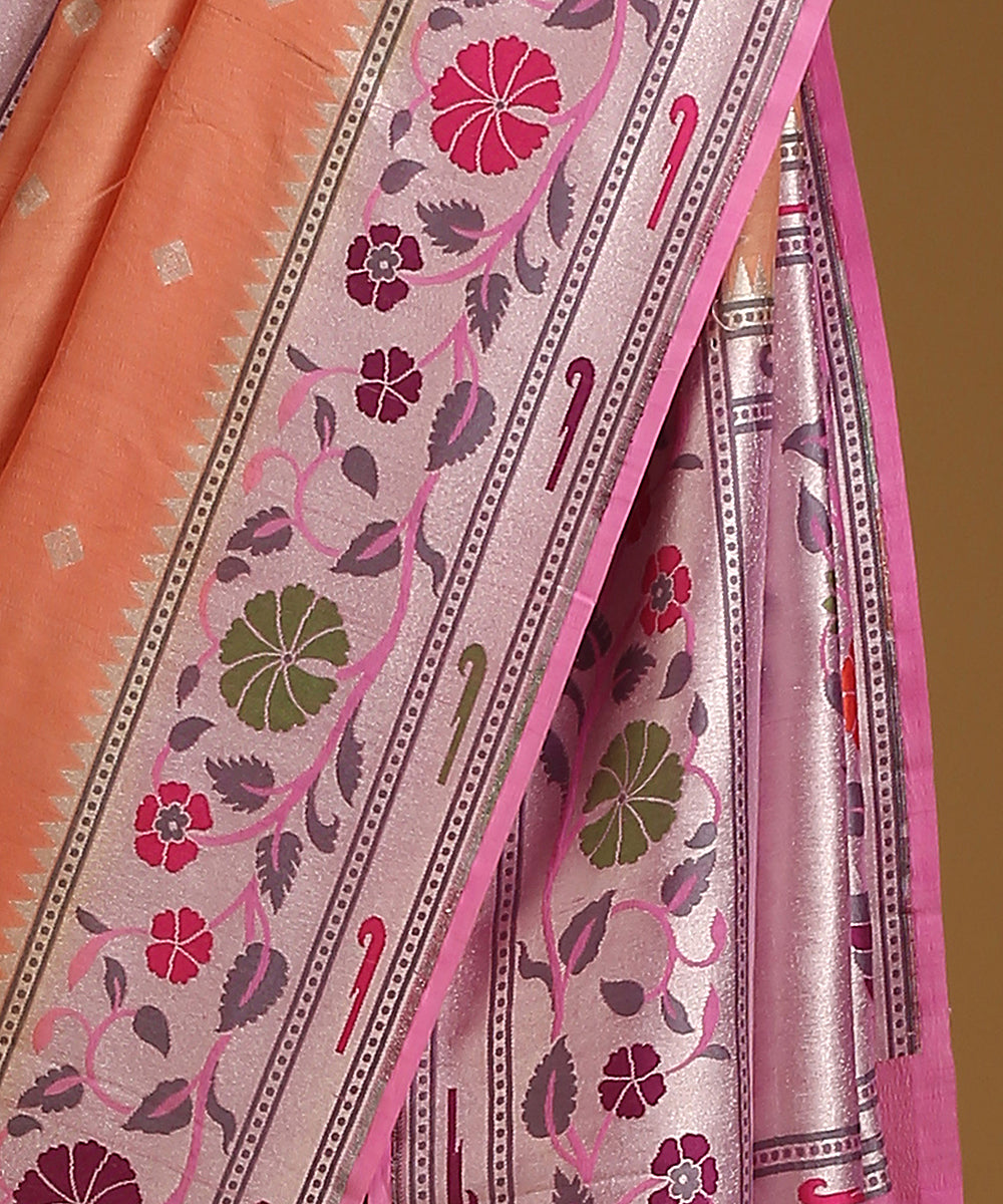 Handloom_Rust_And_Pink_Pure_Tusser_Georgette_Banarasi_Saree_With_Multicolour_Floral_Border_WeaverStory_04