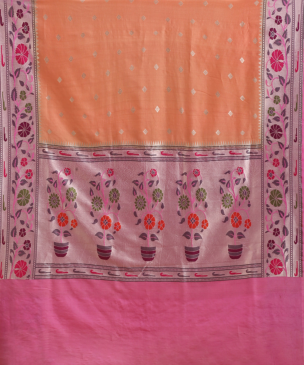 Handloom_Rust_And_Pink_Pure_Tusser_Georgette_Banarasi_Saree_With_Multicolour_Floral_Border_WeaverStory_05