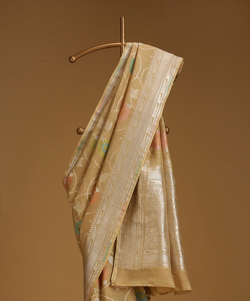 Handloom_Dark_Beige_Pure_Tusser_Georgette_Banarasi_Saree_With_Multicolour_Cutwork_Booti_And_Zari_Border_WeaverStory_02