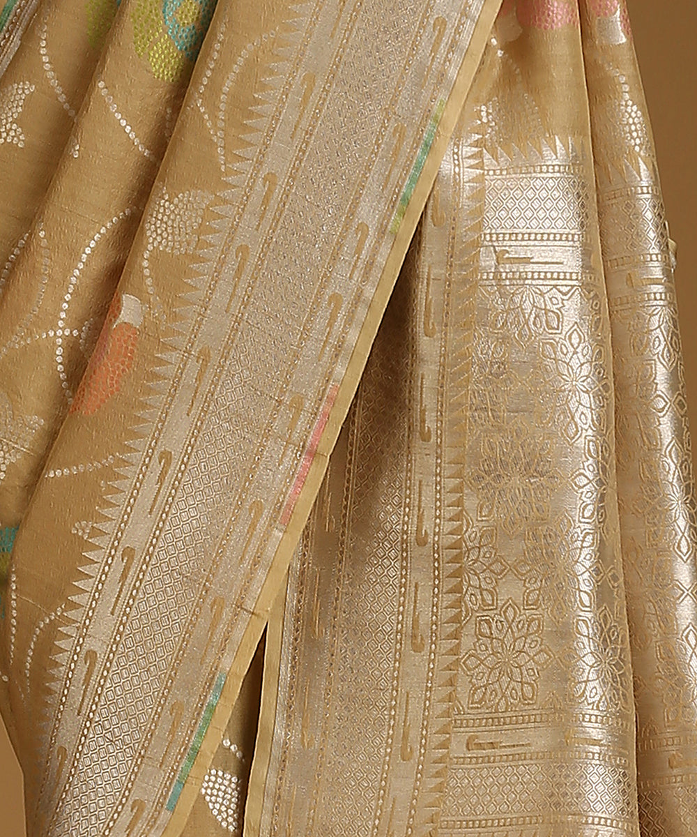 Handloom_Dark_Beige_Pure_Tusser_Georgette_Banarasi_Saree_With_Multicolour_Cutwork_Booti_And_Zari_Border_WeaverStory_04