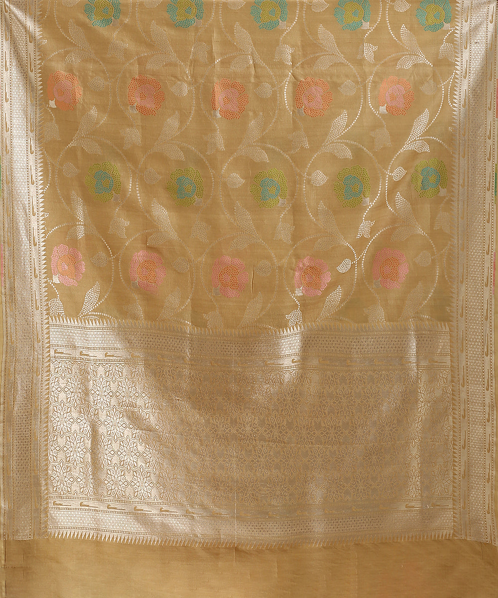 Handloom_Dark_Beige_Pure_Tusser_Georgette_Banarasi_Saree_With_Multicolour_Cutwork_Booti_And_Zari_Border_WeaverStory_05