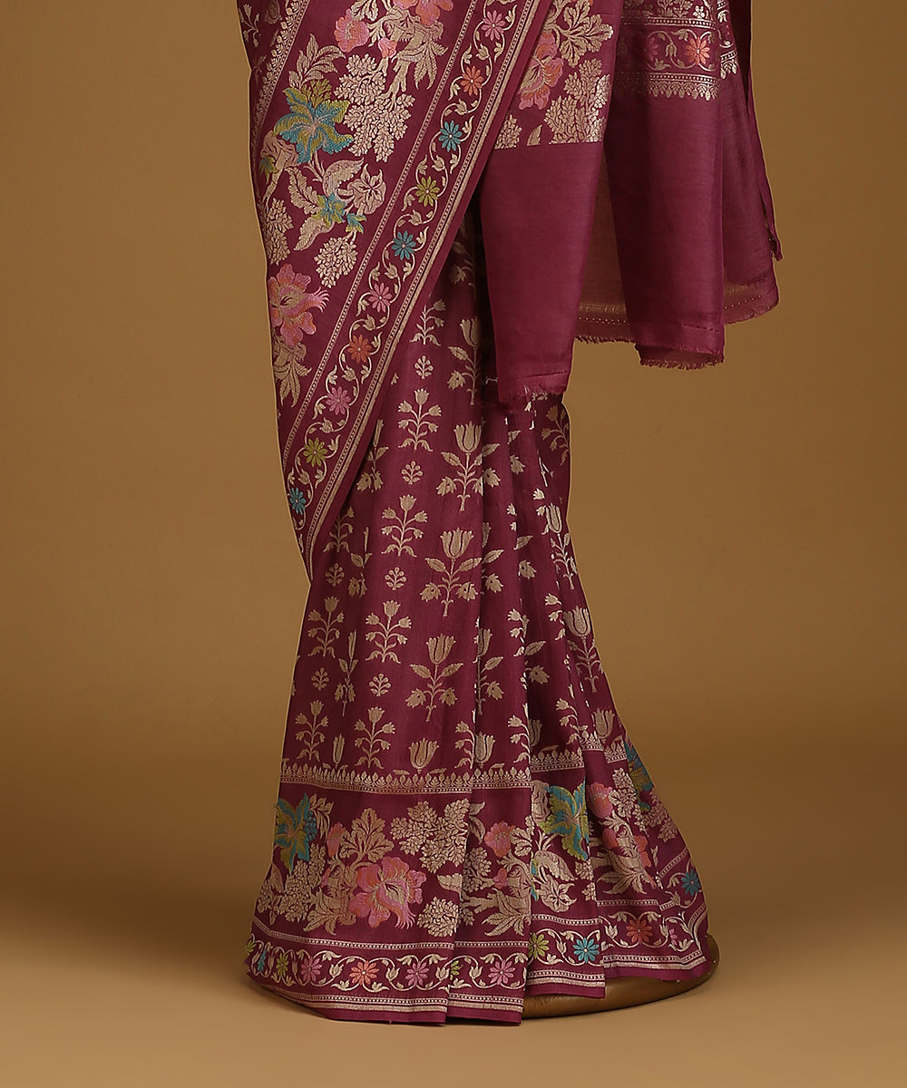 Handloom_Wine_Pure_Tusser_Georgette_Banarasi_Saree_With_All_Over_Floral_Motifs_WeaverStory_03