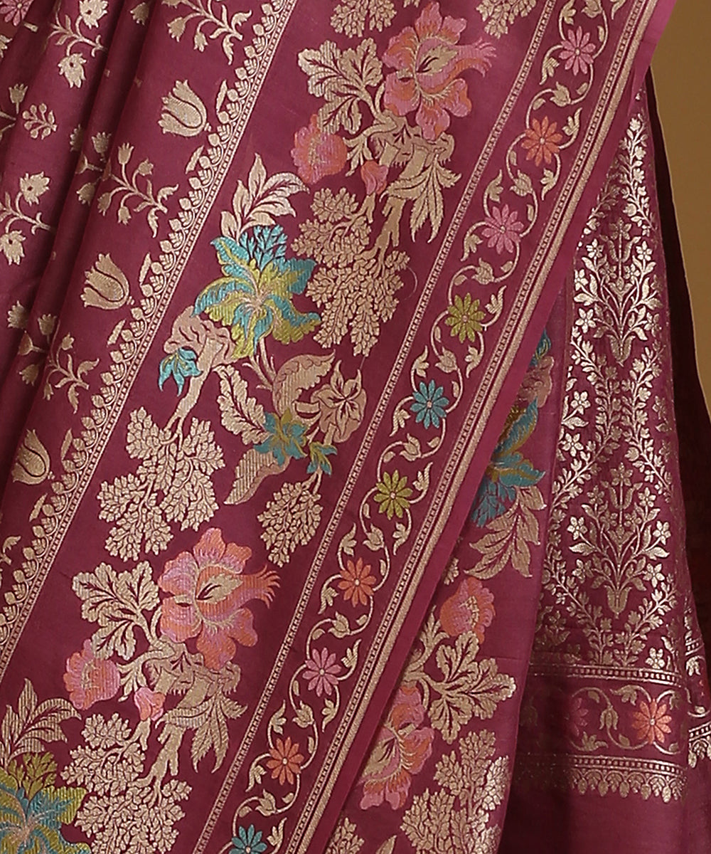 Handloom_Wine_Pure_Tusser_Georgette_Banarasi_Saree_With_All_Over_Floral_Motifs_WeaverStory_04
