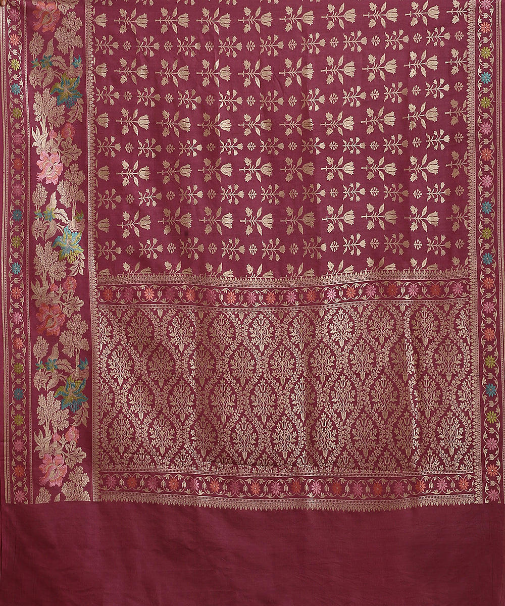 Handloom_Wine_Pure_Tusser_Georgette_Banarasi_Saree_With_All_Over_Floral_Motifs_WeaverStory_05