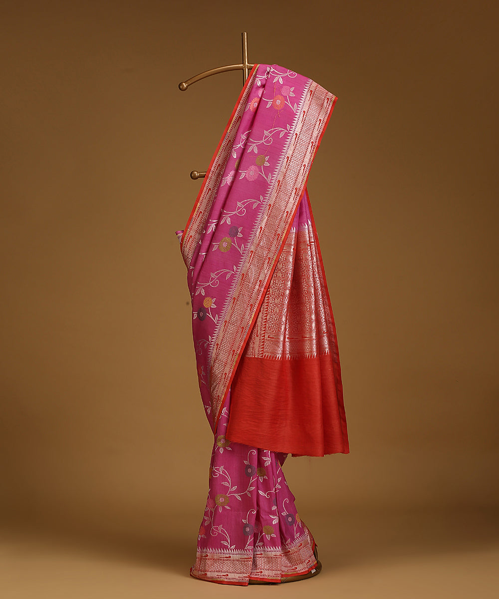 Pink_And_Red_Handloom_Pure_Tusser_Georgette_Banarasi_Saree_With_Flower_Motifs_WeaverStory_01