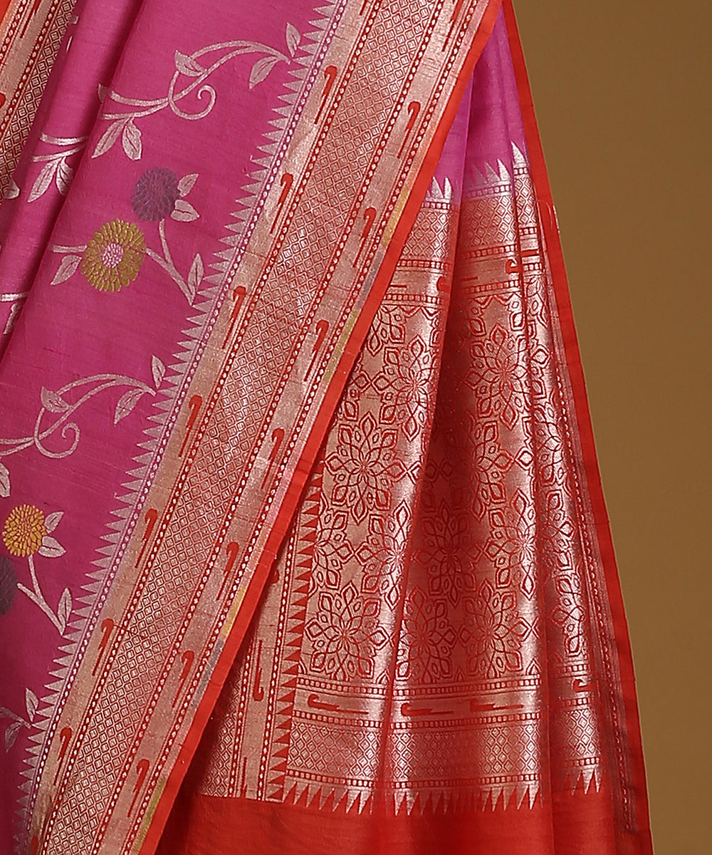 Pink_And_Red_Handloom_Pure_Tusser_Georgette_Banarasi_Saree_With_Flower_Motifs_WeaverStory_04