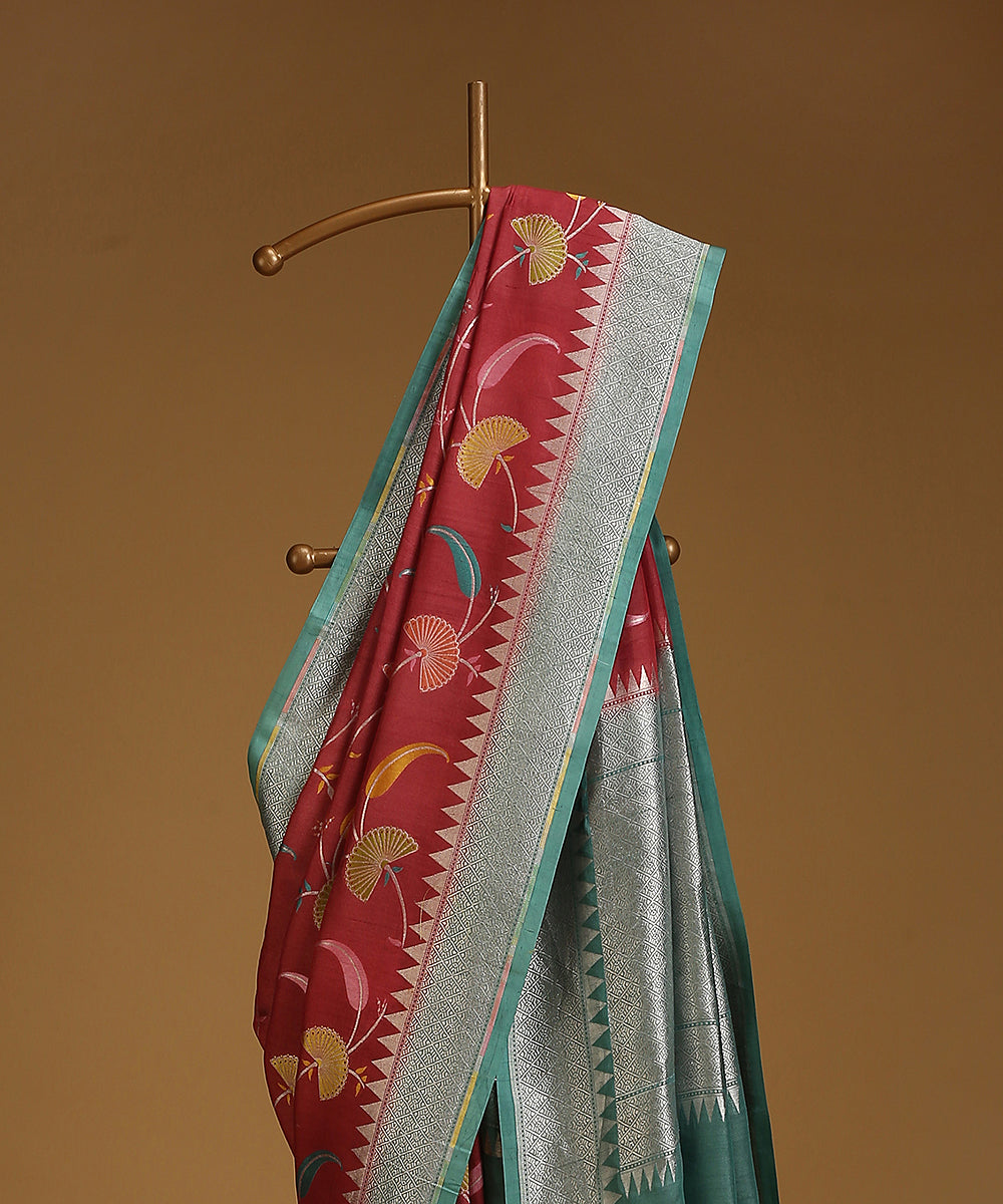 Handloom_Brown_And_Teal_Pure_Tusser_Georgette_Banarasi_Saree_With_Multicolour_Motifs_WeaverStory_02