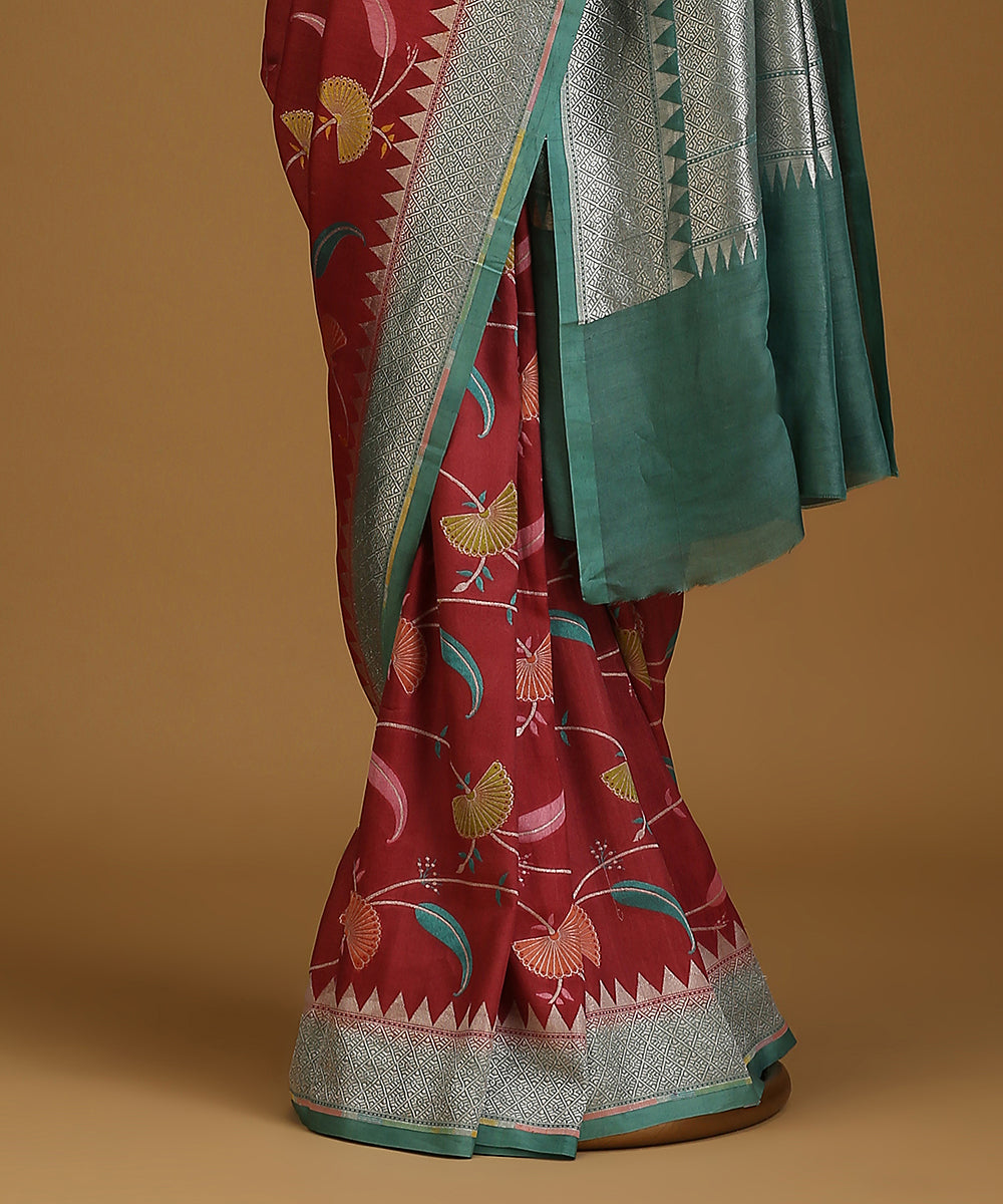 Handloom_Brown_And_Teal_Pure_Tusser_Georgette_Banarasi_Saree_With_Multicolour_Motifs_WeaverStory_03