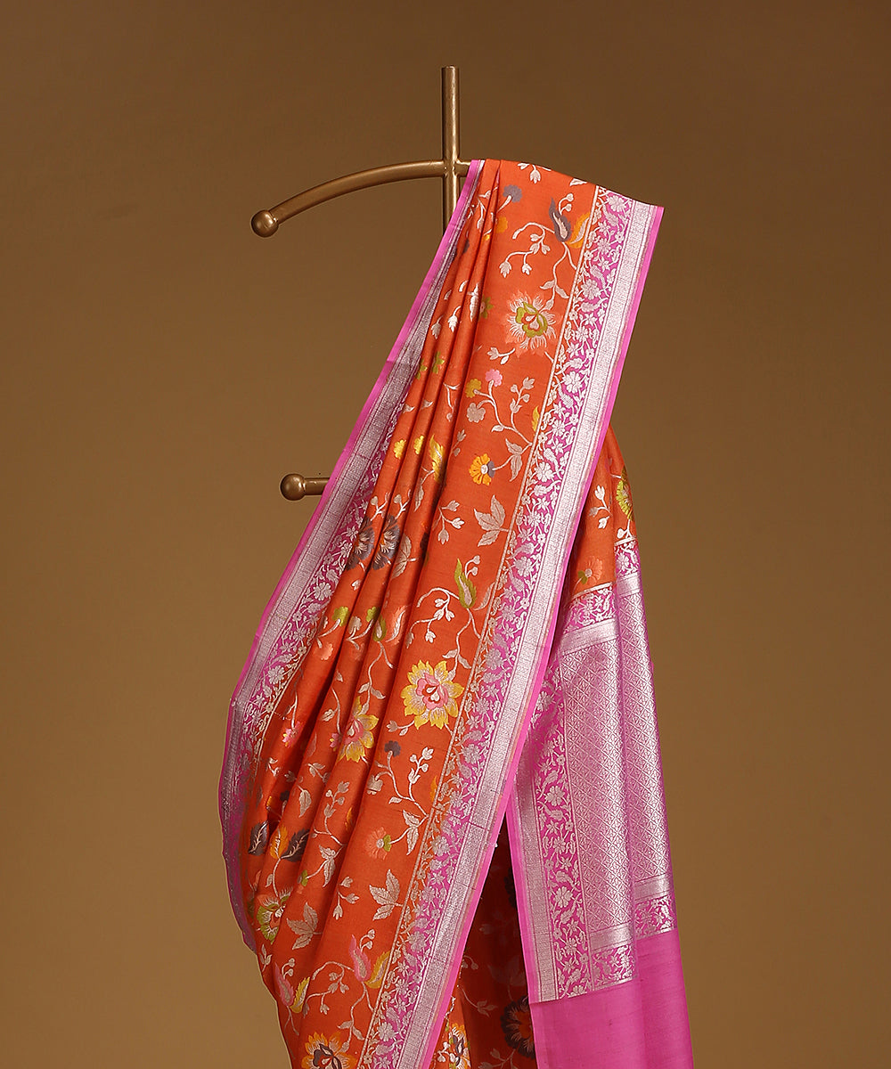 Handloom_Orange_And_Pink_Pure_Tusser_Georgette_Banarasi_Saree_With_Flowers_WeaverStory_02
