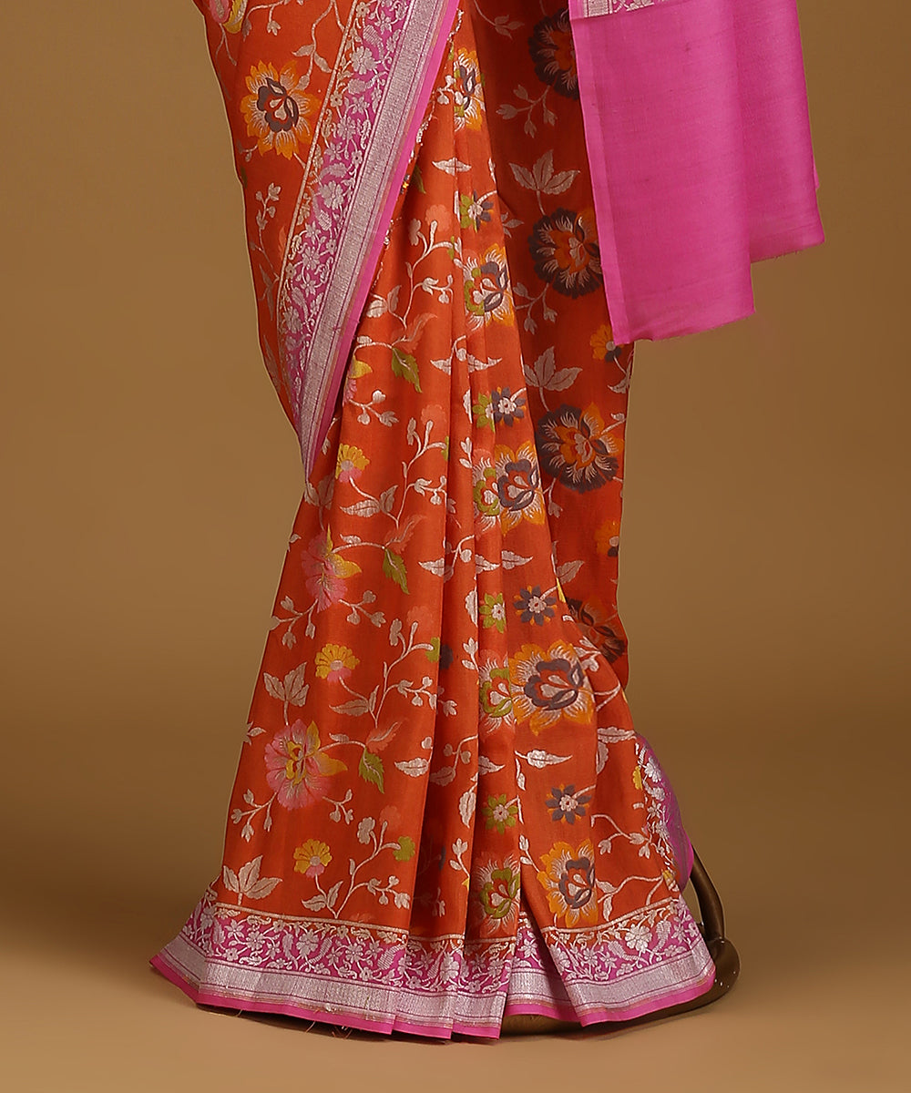 Handloom_Orange_And_Pink_Pure_Tusser_Georgette_Banarasi_Saree_With_Flowers_WeaverStory_03