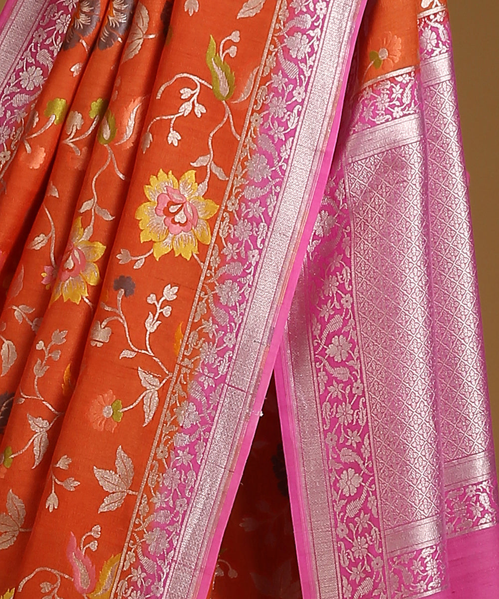 Handloom_Orange_And_Pink_Pure_Tusser_Georgette_Banarasi_Saree_With_Flowers_WeaverStory_04