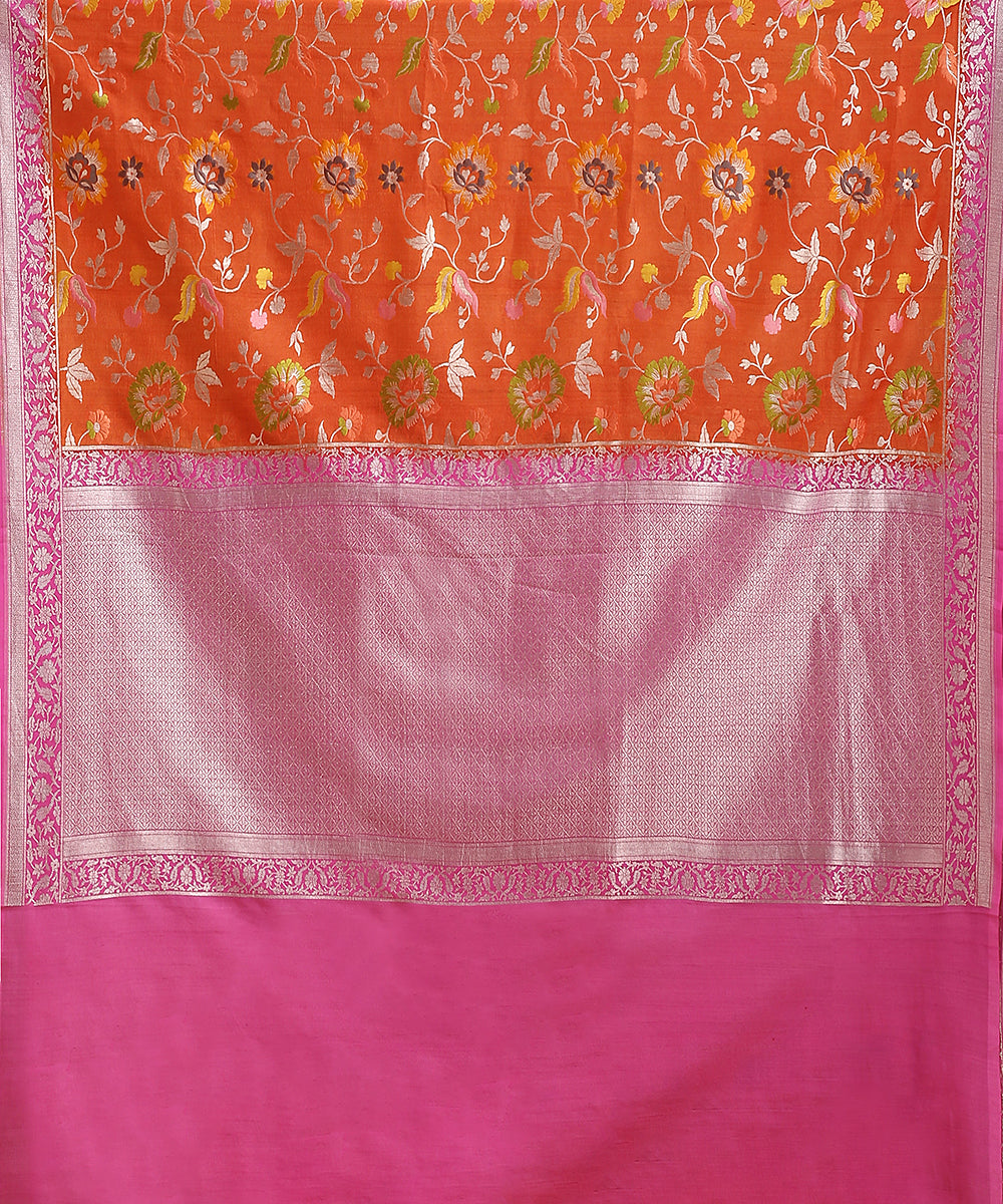 Handloom_Orange_And_Pink_Pure_Tusser_Georgette_Banarasi_Saree_With_Flowers_WeaverStory_05