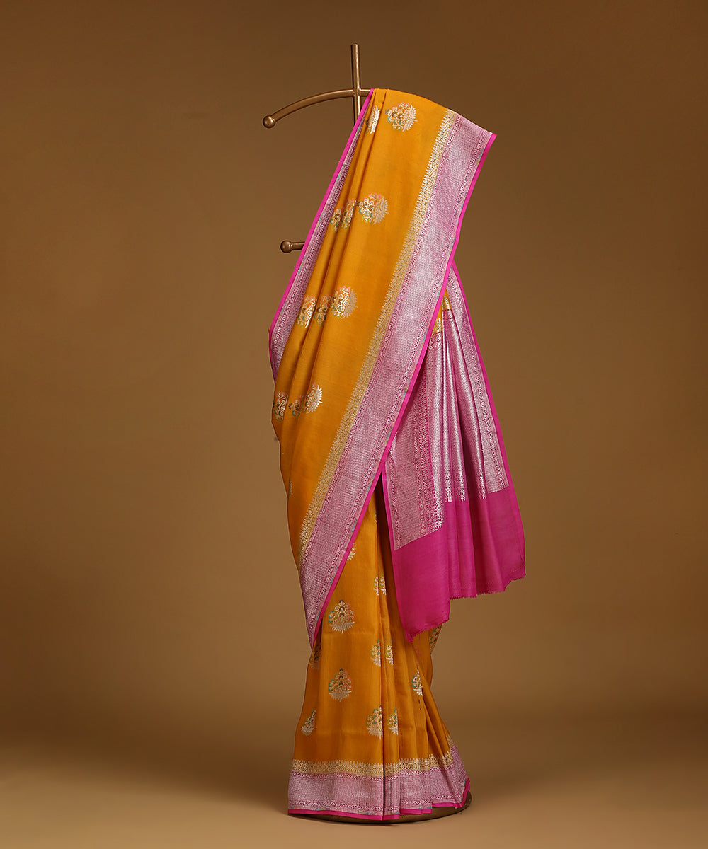 Handloom_Mustard_And_Pink_Pure_Tusser_Georgette_Banarasi_Saree_With_Cutwork_Boota_WeaverStory_01