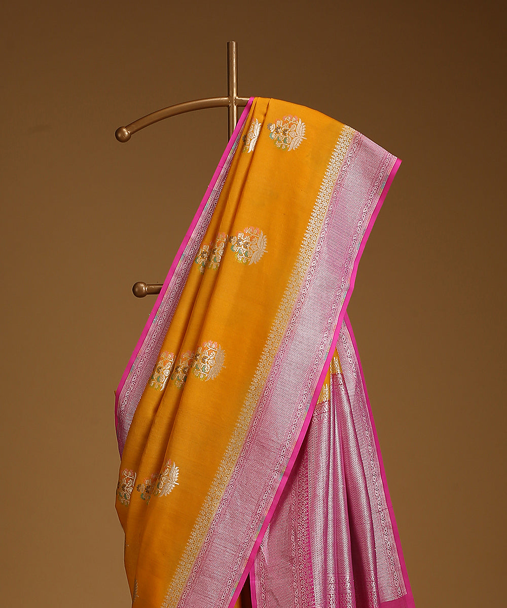 Handloom_Mustard_And_Pink_Pure_Tusser_Georgette_Banarasi_Saree_With_Cutwork_Boota_WeaverStory_02