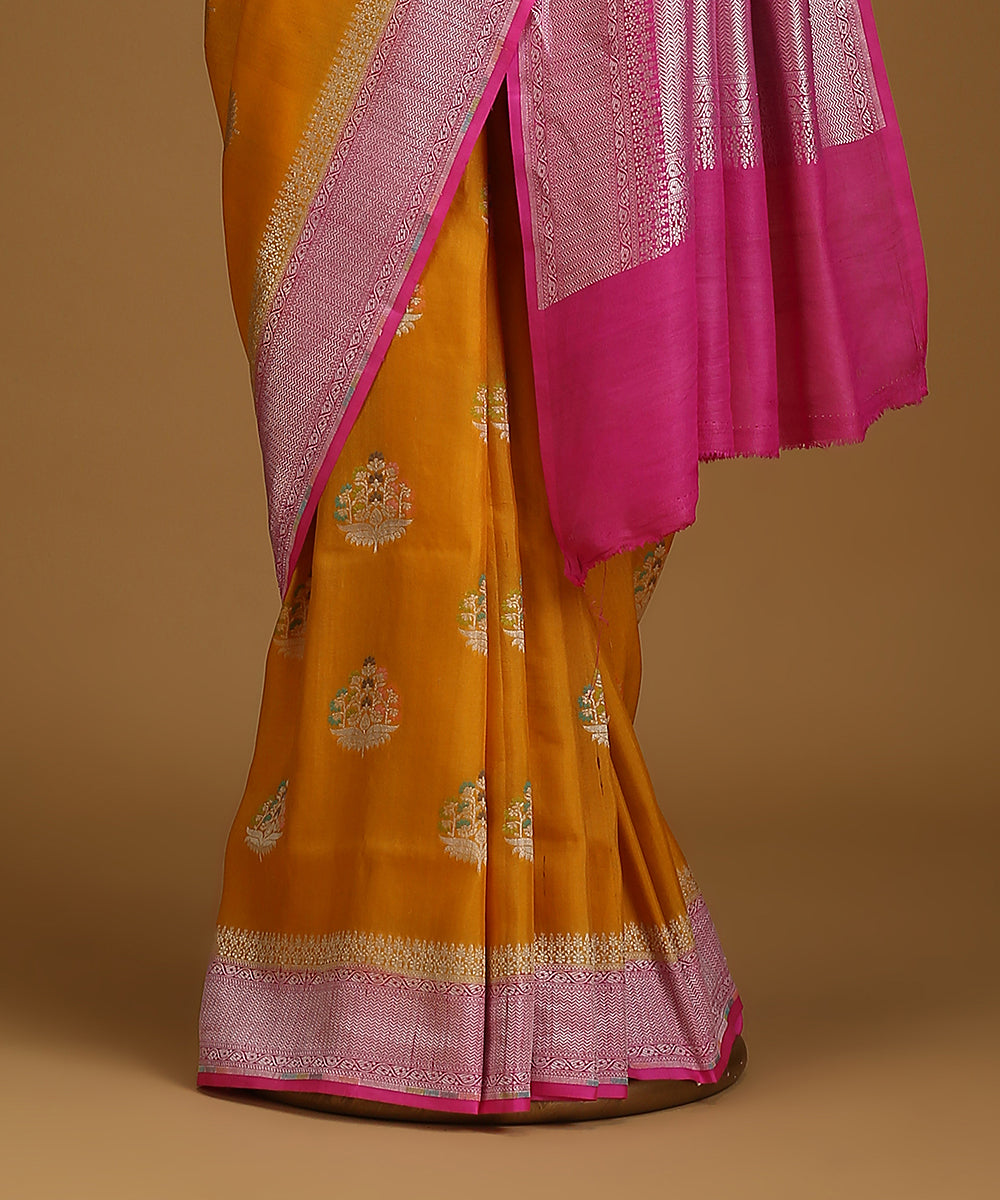 Handloom_Mustard_And_Pink_Pure_Tusser_Georgette_Banarasi_Saree_With_Cutwork_Boota_WeaverStory_03
