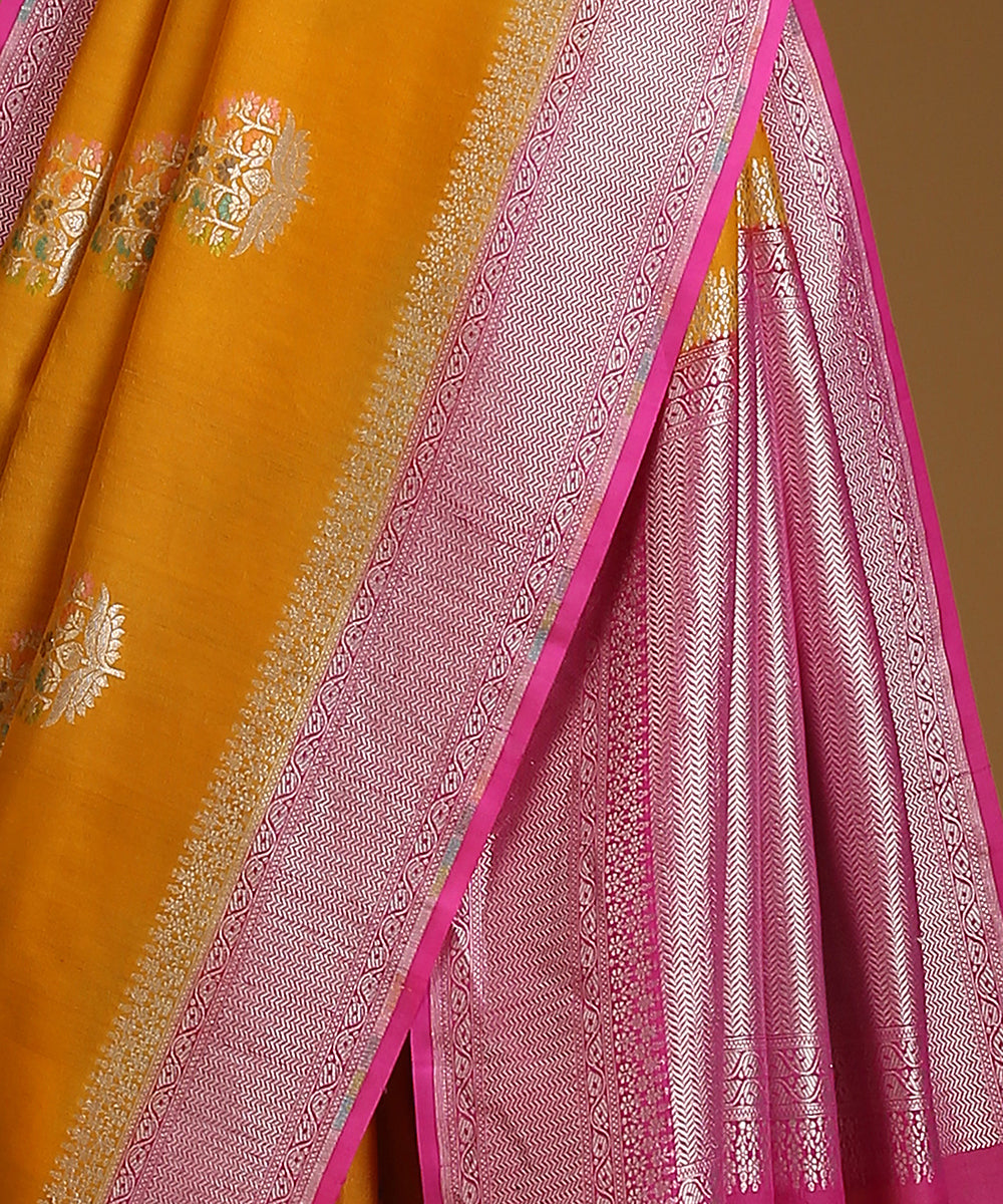 Handloom_Mustard_And_Pink_Pure_Tusser_Georgette_Banarasi_Saree_With_Cutwork_Boota_WeaverStory_04