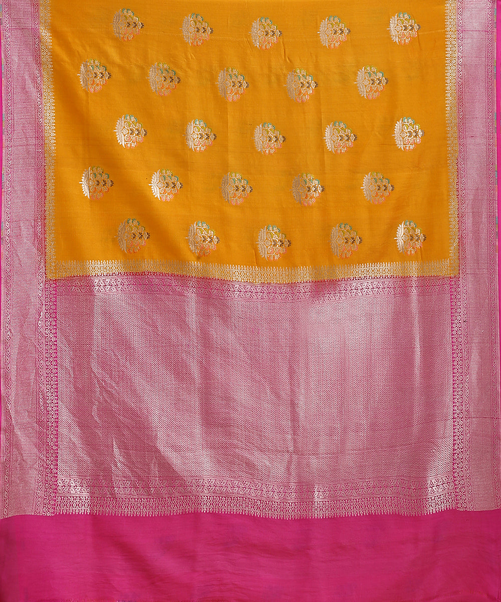 Handloom_Mustard_And_Pink_Pure_Tusser_Georgette_Banarasi_Saree_With_Cutwork_Boota_WeaverStory_05