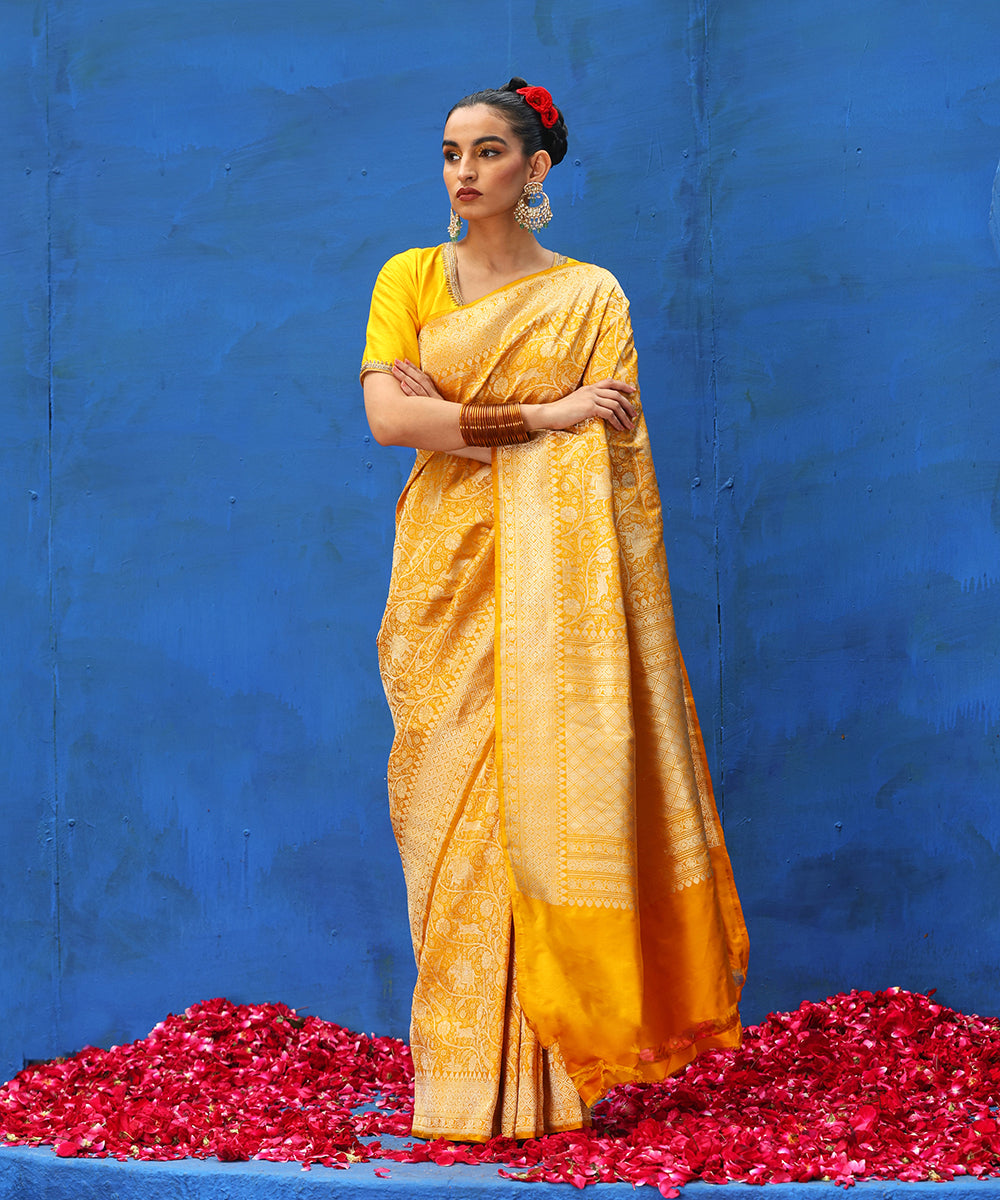 Handloom_Mustard_Pure_Katan_Silk_Shikargah_Banarasi_Saree_WeaverStory_02