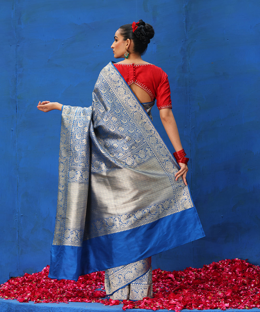 Blue_Handloom_Pure_Katan_Silk_Shikargah_Banarasi_Saree_With_All_Over_Zari_WeaverStory_03