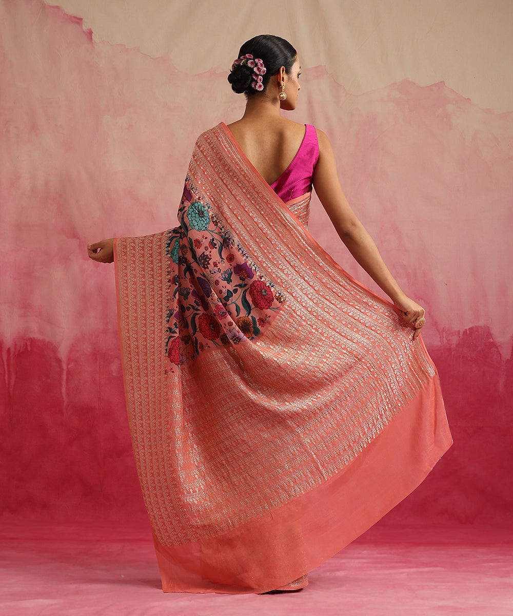 Peach_Handloom_Pure_Georgette_Banarasi_Saree_With_Floral_Ajrakh_Print_WeaverStory_03