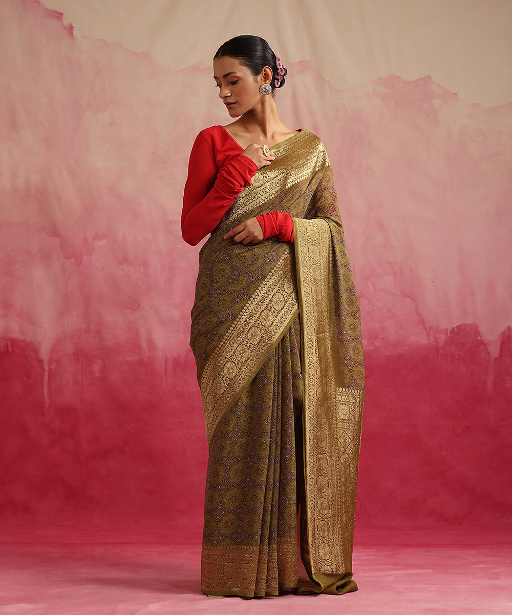 Handloom_Olive_Green_Pure_Georgette_Banarasi_Saree_With_Ajrakh_Print_WeaverStory_02