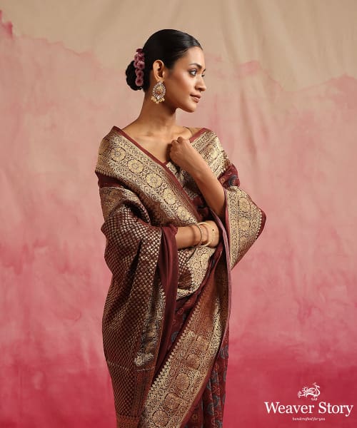 Wine_Handloom_Pure_Georgette_Banarasi_Saree_With_Ajrakh_Print_WeaverStory_01