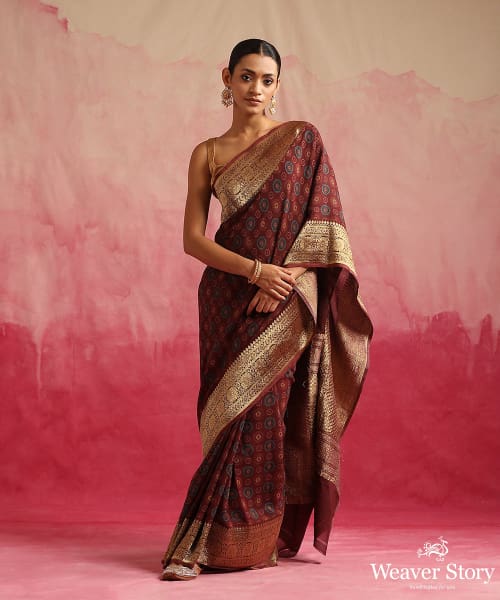 Wine_Handloom_Pure_Georgette_Banarasi_Saree_With_Ajrakh_Print_WeaverStory_02