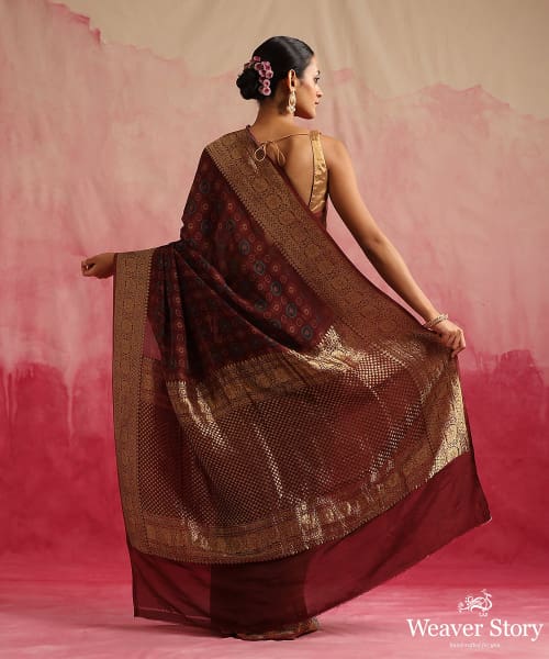 Wine_Handloom_Pure_Georgette_Banarasi_Saree_With_Ajrakh_Print_WeaverStory_03