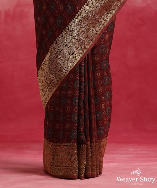 Wine_Handloom_Pure_Georgette_Banarasi_Saree_With_Ajrakh_Print_WeaverStory_04
