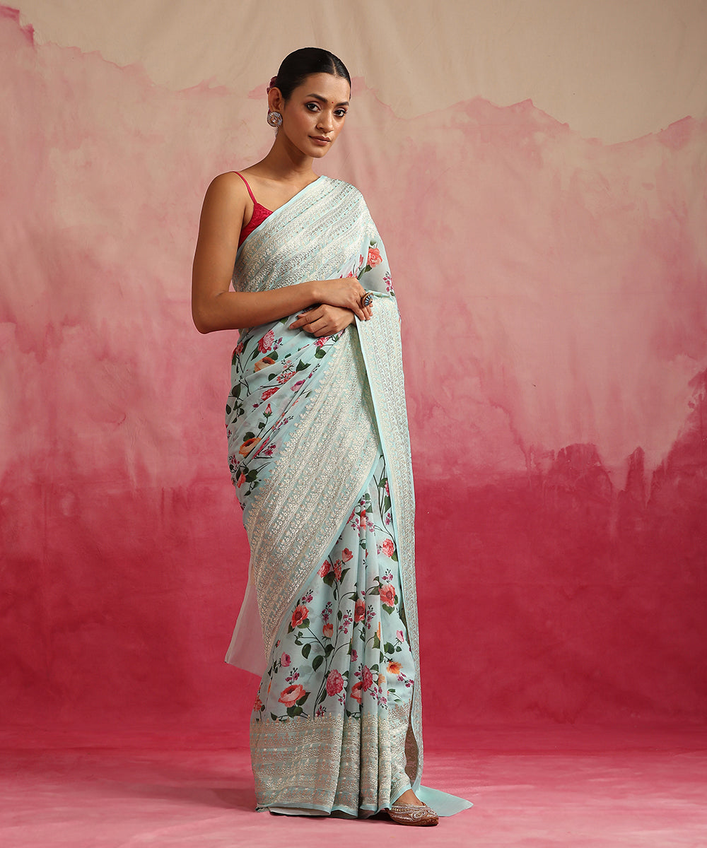 Handloom_Ice_Blue_Pure_Georgette_Banarasi_Saree_With_Floral_Print_WeaverStory_02