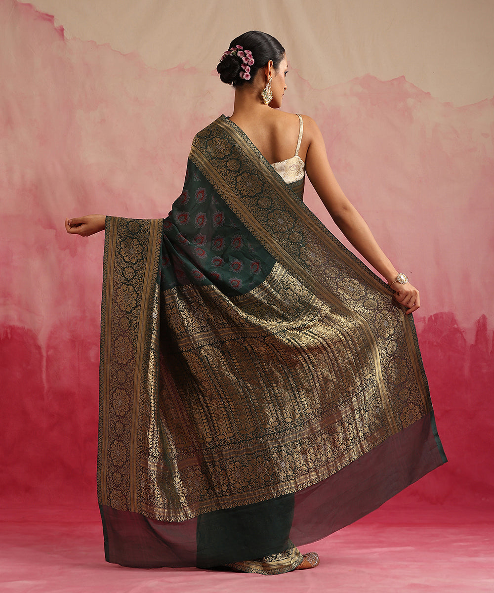 Handloom_Dark_Green_Pure_Georgette_Banarasi_Saree_With_Ajrakh_Print_WeaverStory_03