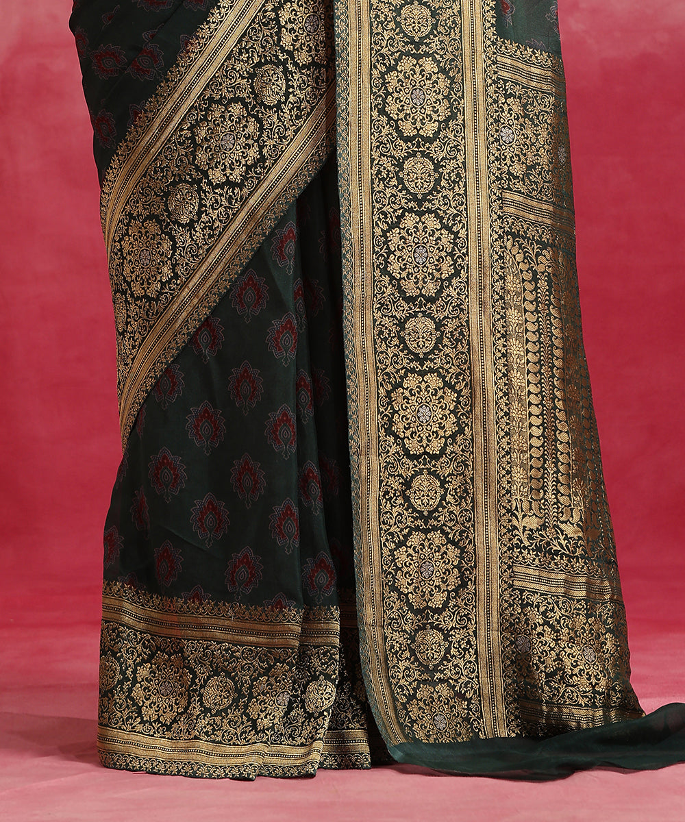 Handloom_Dark_Green_Pure_Georgette_Banarasi_Saree_With_Ajrakh_Print_WeaverStory_04